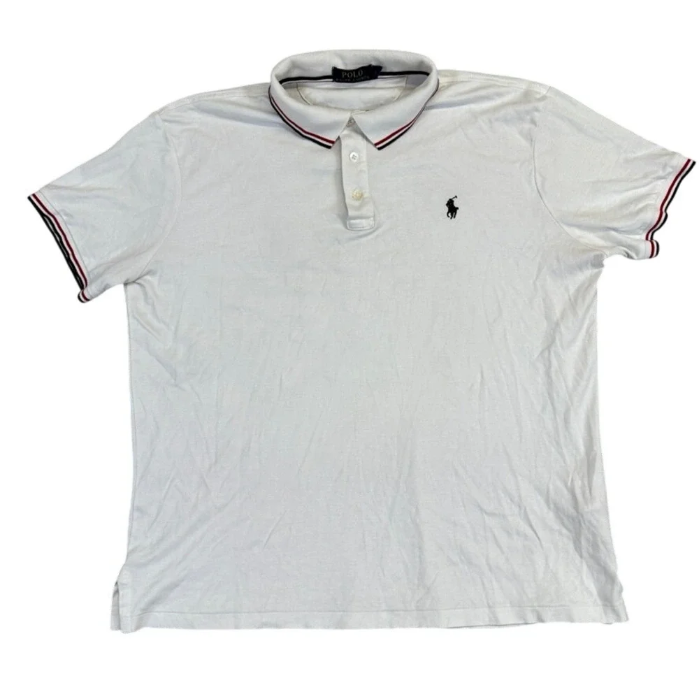 Polo Ralph Lauren Mens White Striped Trim Short Sleeve Polo Shirt Large